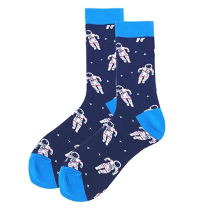 Fashionable men's crew socks with astronaut space pattern in navy blue and light blue