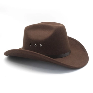 Classic dark brown western cowboy hat with wool felt texture and silver metal eyelets