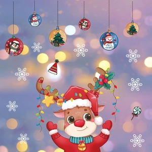 Detail of Christmas window sticker featuring a cartoon reindeer with Merry Christmas text