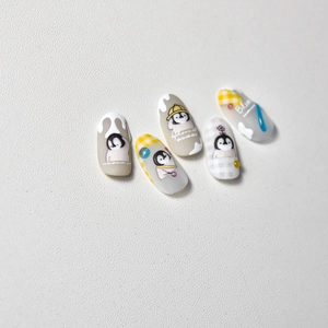 Stickers ongles japonais mignons avec pingouins en relief et motifs à carreaux jaunes