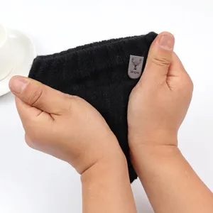High-elastic black knitted winter fingerless gloves with a deer leather patch and minimalist design