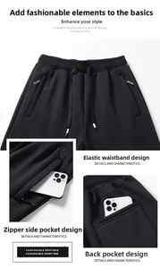Detailed views of men's casual joggers showing elastic waist and hidden zipper pocket