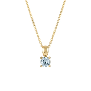 Detail of a light blue gemstone pendant necklace with four-prong setting in gold plating