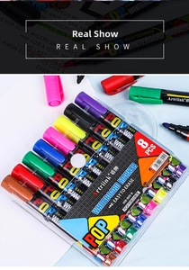 Flat lay of eight colorful erasable whiteboard markers in a clear plastic hanging case
