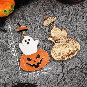Halloween pumpkin and ghost drop earrings with colorful enamel and gothic gold accents