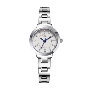 Silver ladies quartz watch with rhinestone scales and blue hands on white background