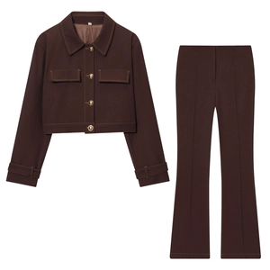 Women Lapel Cropped Jacket And Flared Pants Outfit Contrast Stitching Gold Buttons Streetwear Casual Brown