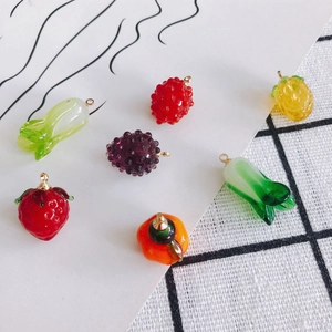 Simulation Fruit Vegetable Lampwork Glass Charms DIY Jewelry Making Strawberry Grape Pineapple Cabbage Pendants Metal Ring