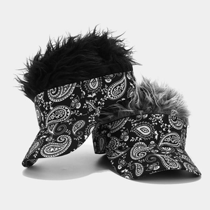 Ethnic paisley pattern sun visor hat with creative wig hair detail in black and silver