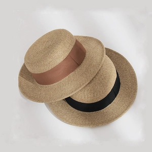 Französischer Retro Strohhut Damen Papierstroh Flache Krone Breite Krempe Sonnenschutz UV Strand Reise Band