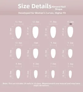 Size guide for almond-shaped press-on nails with 12 sizes and 24 pieces measurement chart