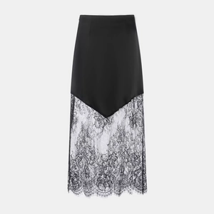 Eleganter schwarzer Maxirock mit hoher Taille, Spitzen-Patchwork und seidigem Stoff