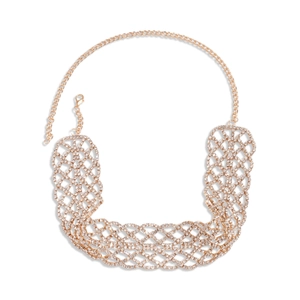 Elegant geometric crossover necklace with sparkling rhinestones in a rose gold mesh design