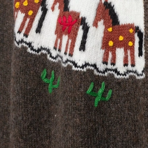 Brown Fair Isle knit cardigan featuring red horse patterns and embroidered cactus details