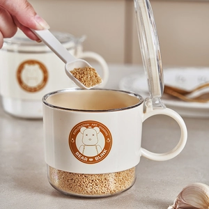 Three-grid beige kitchen seasoning storage box with spoon and moisture-proof seal lid