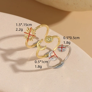 Adjustable sun and moon ring set in gold and silver finish with dimension specs