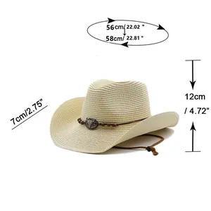 Size chart for beige straw cowboy hat showing 56-58cm head circumference and 7cm brim