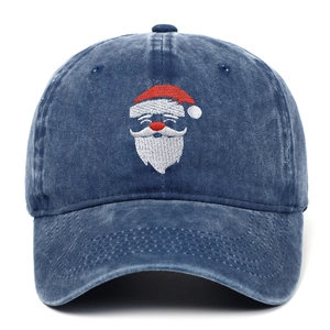 Distressed navy blue washed denim baseball cap with Santa Claus embroidery for outdoor sports