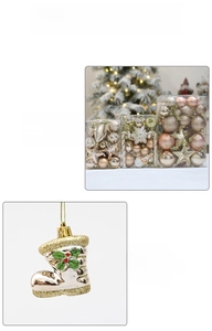 Detail of Christmas ornament set with champagne gold baubles, stars, and boots