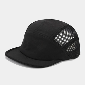Detail of black five-panel tactical mesh cap with breathable side panels and flat brim
