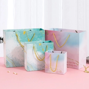 Gradient Marble Gift Bag Thick Cardboard Handbag With Gold Stamped Letters And Twisted Rope Handle For Wedding Birthday