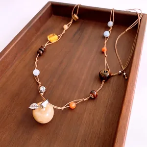 Vintage Long Beaded Necklace With Tiger Eye And Ceramic Apple Pendant Hand-Woven Ethnic Style Sweater Chain For Women
