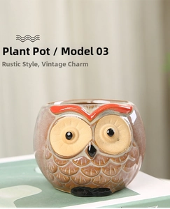Macro shot of owl ceramic succulent pot showing vintage red-brown feather textures