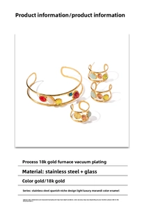 Detailed set of 18K gold plated stainless steel jewelry with colorful glass stones