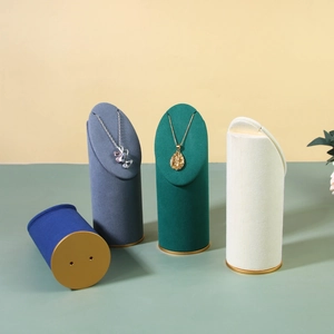 Necklace Display Stand Microfiber Velvet Cylindrical Slanted Pendant Holder Jewelry Storage Photography Prop Metal Base
