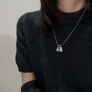 Titanium steel beaded necklace with double bear pendants in polished silver and zircon pavé