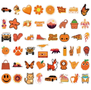 Variety set of 50 orange-themed VSCO aesthetic vinyl stickers for laptops and skateboards