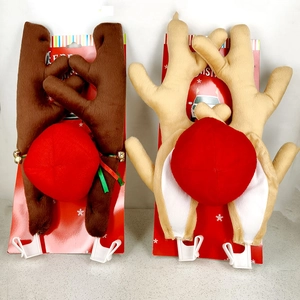 Brown and beige Christmas car reindeer antlers kit with red plush nose and jingle bells
