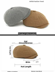 Detailed sizing chart for gray and khaki wool blend newsboy caps with measurements