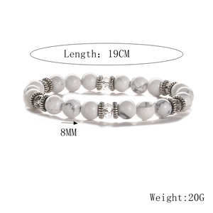 Detail view of 8mm white turquoise beaded bracelet with dimensions and weight specs