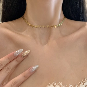 Hollow Heart Link Chain Necklace Bracelet Anklet 18K Gold Plated Stainless Steel Sunburst Texture Elegant Minimalist Jewelry