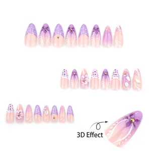 French almond fake nails with purple gradient 3D flowers pearls and metallic bead accents