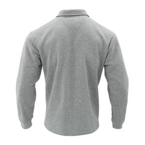 Rear view of grey knit polo shirt featuring ribbed cuffs and a minimalist turn-down collar