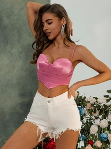 Débardeur Court Satin Rose Femmes Dos Nu À Lacets Style Corset Bustier À Bretelles Spaghetti Streetwear Mode