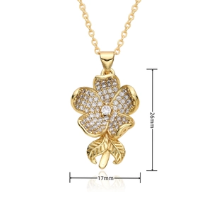 Detailed dimension view of gold lotus flower pendant with clear cubic zirconia in 26mm x 17mm