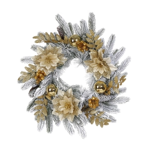 Flocked Christmas wreath with golden leaves, ornaments and frosted pine needles on white