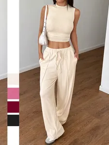 Completi Donna Top Senza Maniche Collo Alto E Pantaloni A Gamba Larga Vita Alta Maglia A Costine Casual