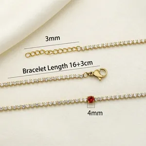 Gold-plated titanium steel tennis bracelet with sparkling zircons and a 4mm red center stone