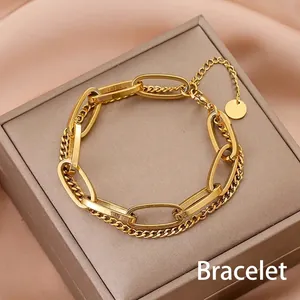 Vintage Fashion Titanium Steel Double Layer Bracelet For Women Gold Plated Chunky Oval Link Curb Chain With Round Pendant