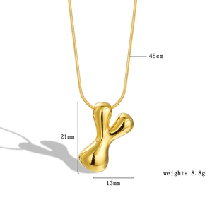 Detail view of gold bubble initial necklace with 45cm chain and 21mm letter pendant
