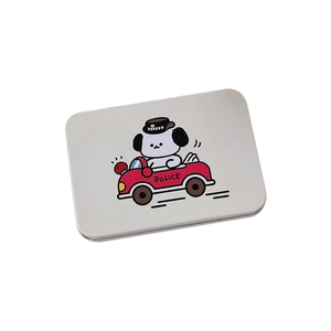 Cartoon puppy in red police car print on rectangular white metal tin storage box