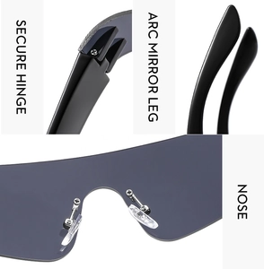Detail view of reinforced hinges and ergonomic arc temples on Y2K rimless sunglasses