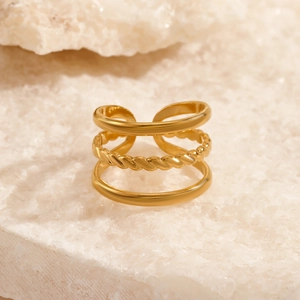 Stainless Steel Ring For Women Triple Layer Twist Rope Minimalist Adjustable Open Ring 18K Gold Plated Fashion Niche Design