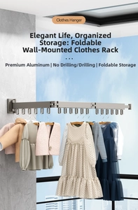 Detail of wall-mounted folding drying rack with multi-hooks in aluminum material
