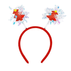 Christmas headband with red glitter trees, colorful pom-poms and white snowflakes