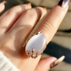 Gecko Lizard Ring Copper Rose Gold Plated Oval Imitation Moonstone Cat's Eye Stone Jewelry For Women